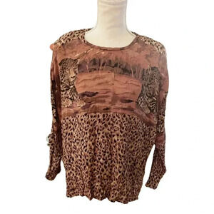 Vintage 1980s casual studio animal print cheetah graphic long sleeve blouse
